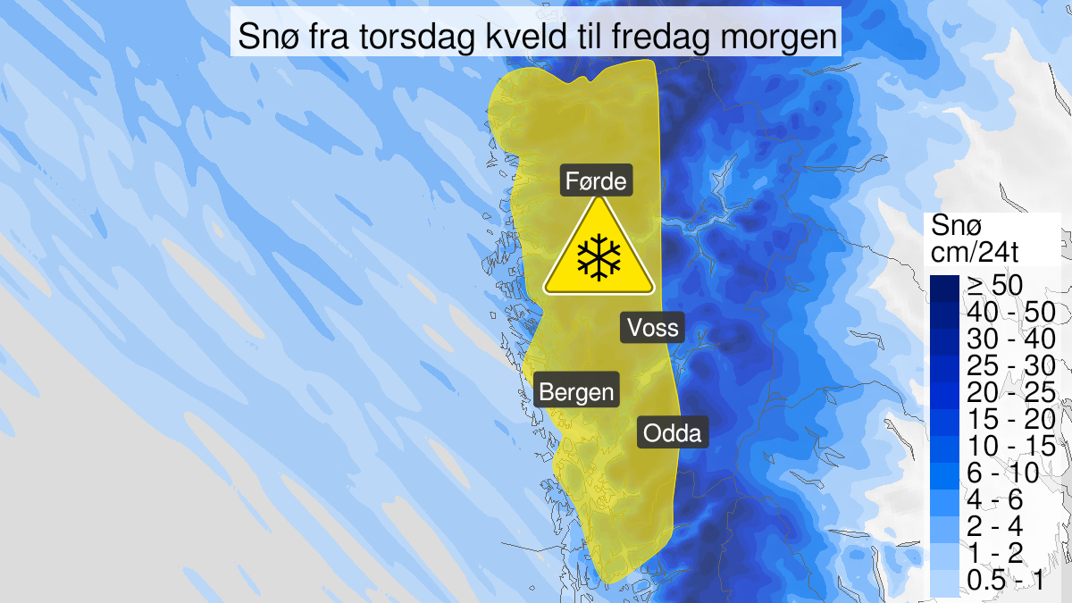 Kart over Snø, gult nivå, Deler av Vestlandet sør for Stad, 2023-11-23T17:00:00+00:00, 2023-11-24T06:00:00+00:00