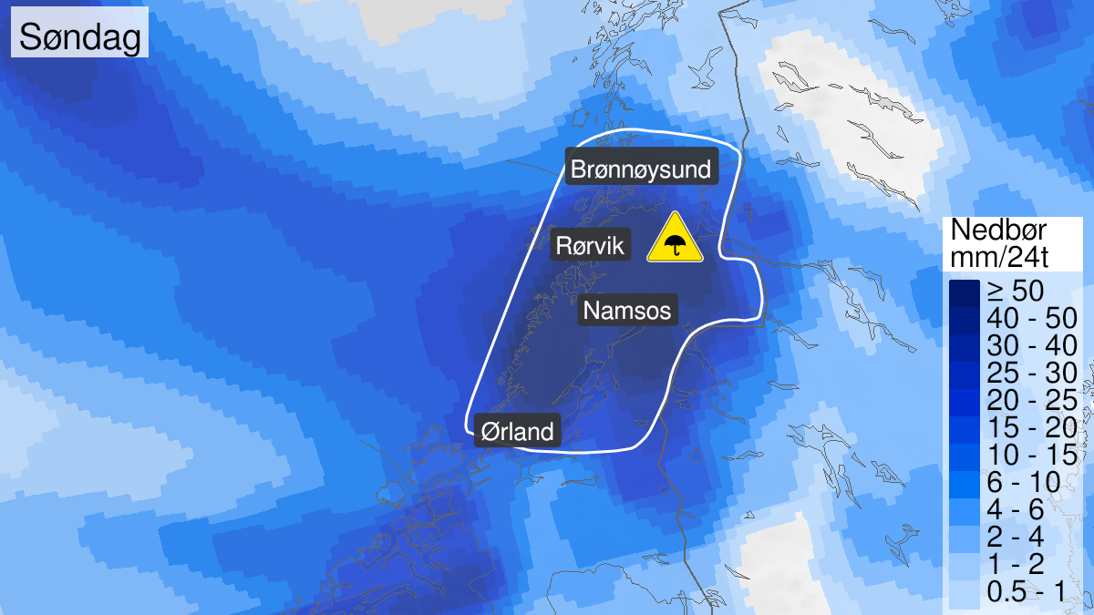 Map over Heavy rain, yellow level, Norhtern parts of Trøndelag and south in Helgeland, 2024-08-10T22:00:00+00:00, 2024-08-11T22:00:00+00:00