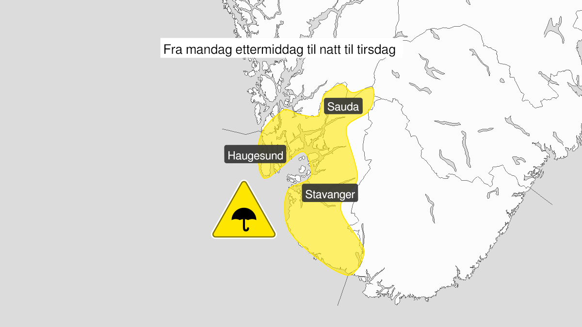 Map over Heavy rain, yellow level, Parts of Rogaland, 2022-09-12T14:00:00+00:00, 2022-09-13T02:00:00+00:00