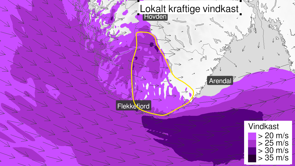 Kart over Kraftige vindkast, gult nivå, Deler av Agder, 2023-12-25T04:00:00+00:00, 2023-12-25T11:00:00+00:00