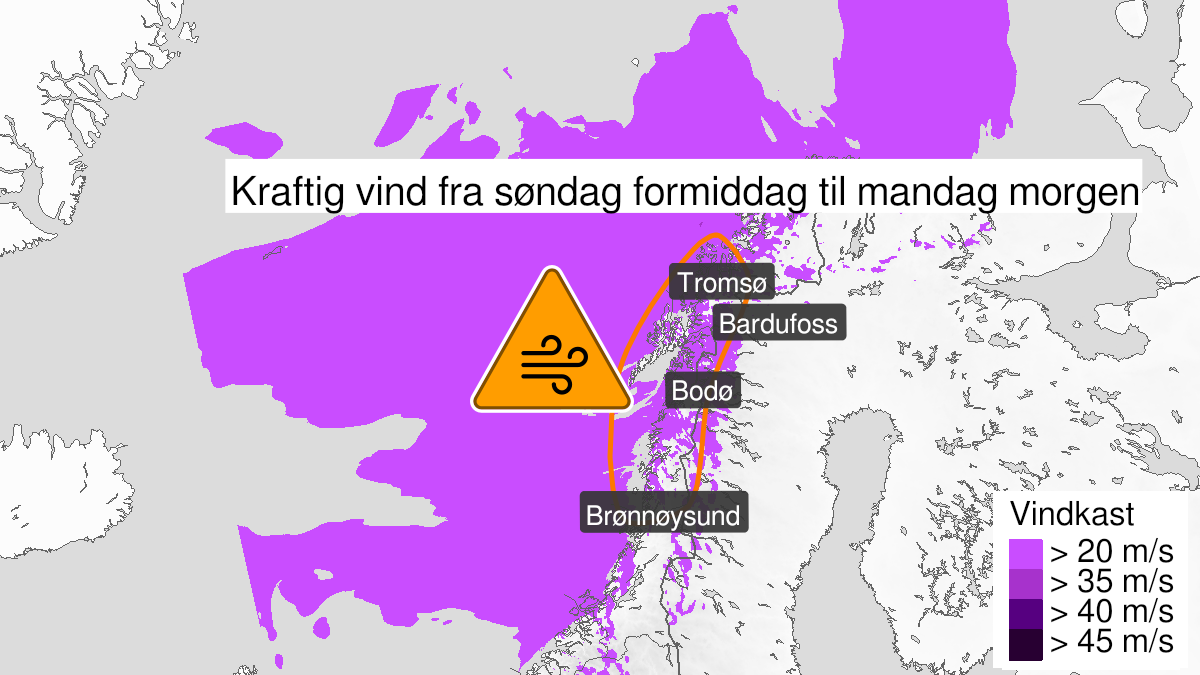 Map of very strong wind gusts, orange level, Nordland and Troms, 23 January 09:00 UTC to 24 January 06:00 UTC.