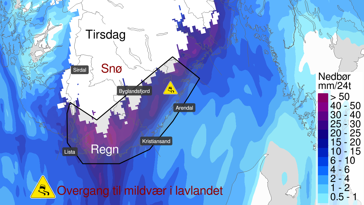 Ice, yellow level, Agder, 11 November 20:00 UTC to 12 November 23:00 UTC.