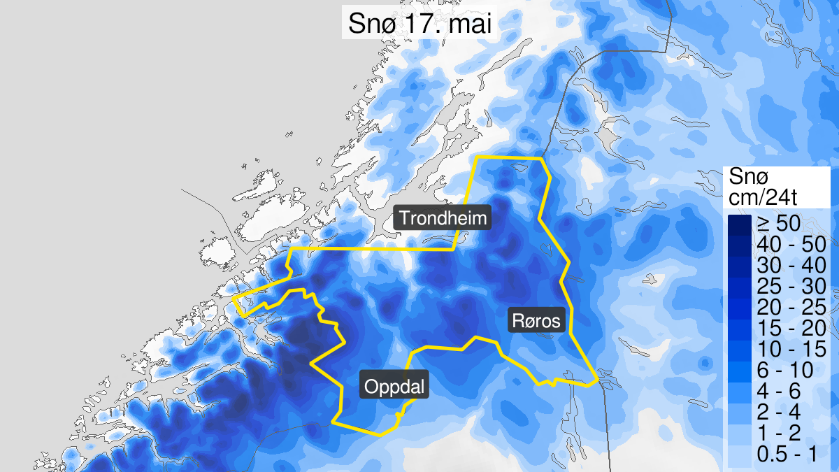 Kart over Snø, gult nivå, Deler av Trøndelag, 2023-05-16T20:00:00+00:00, 2023-05-17T20:00:00+00:00