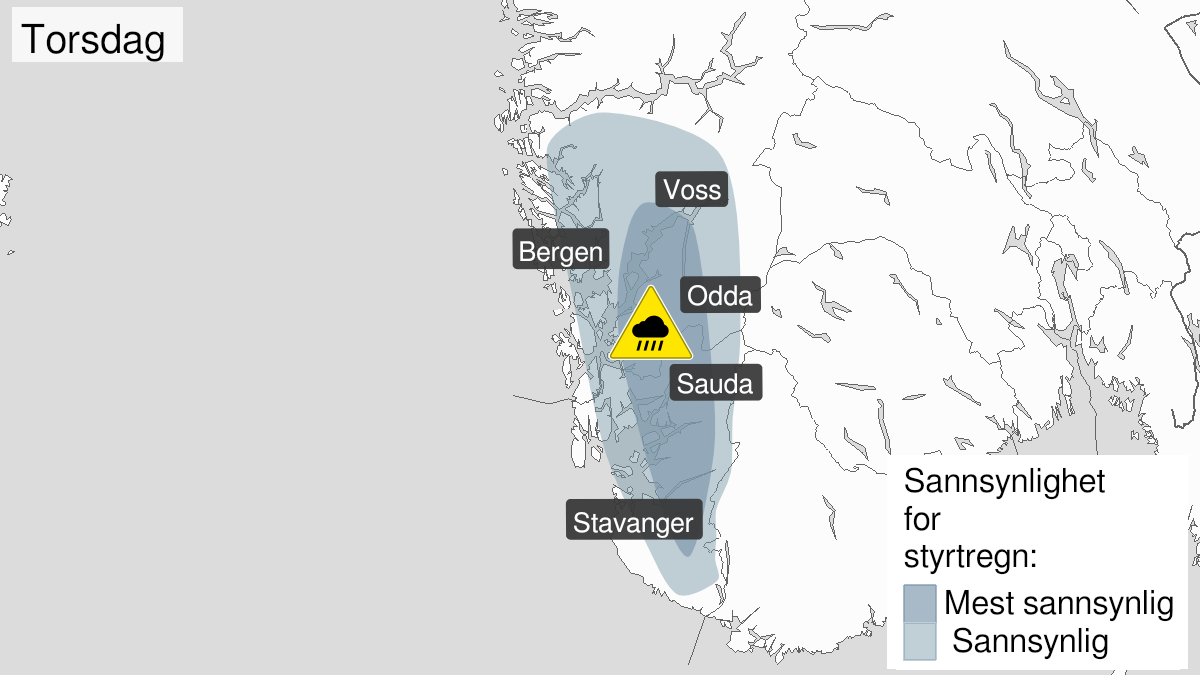 Map over Heavy rainshowers, yellow level, Parts of Rogaland and Vestland, 2024-08-29T07:00:00+00:00, 2024-08-29T14:00:00+00:00