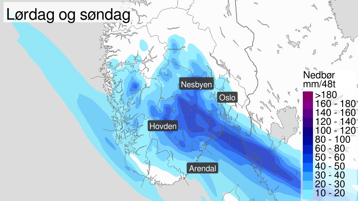 Heavy rain, yellow level, Buskerud, Vestfold, Telemark and Aust-Agder, 26 April 22:00 UTC to 28 April 12:00 UTC.