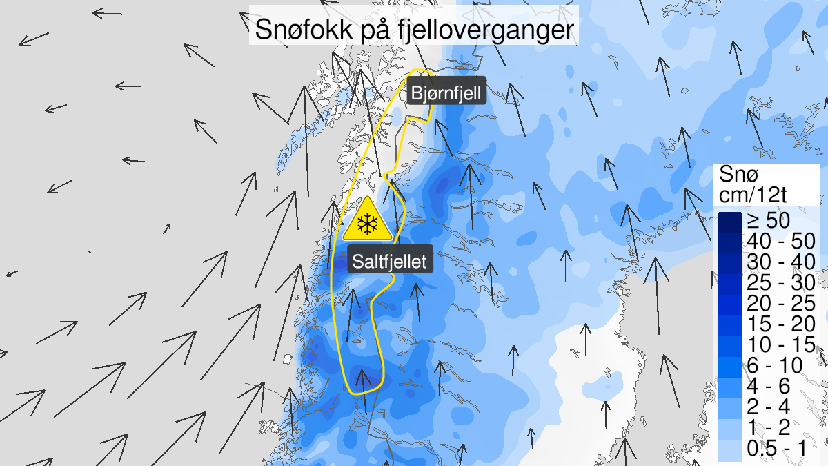Kart over Kraftig snøfokk, gult nivå, Fjelloverganger i Nordland, 2024-02-23T20:00:00+00:00, 2024-02-24T23:00:00+00:00
