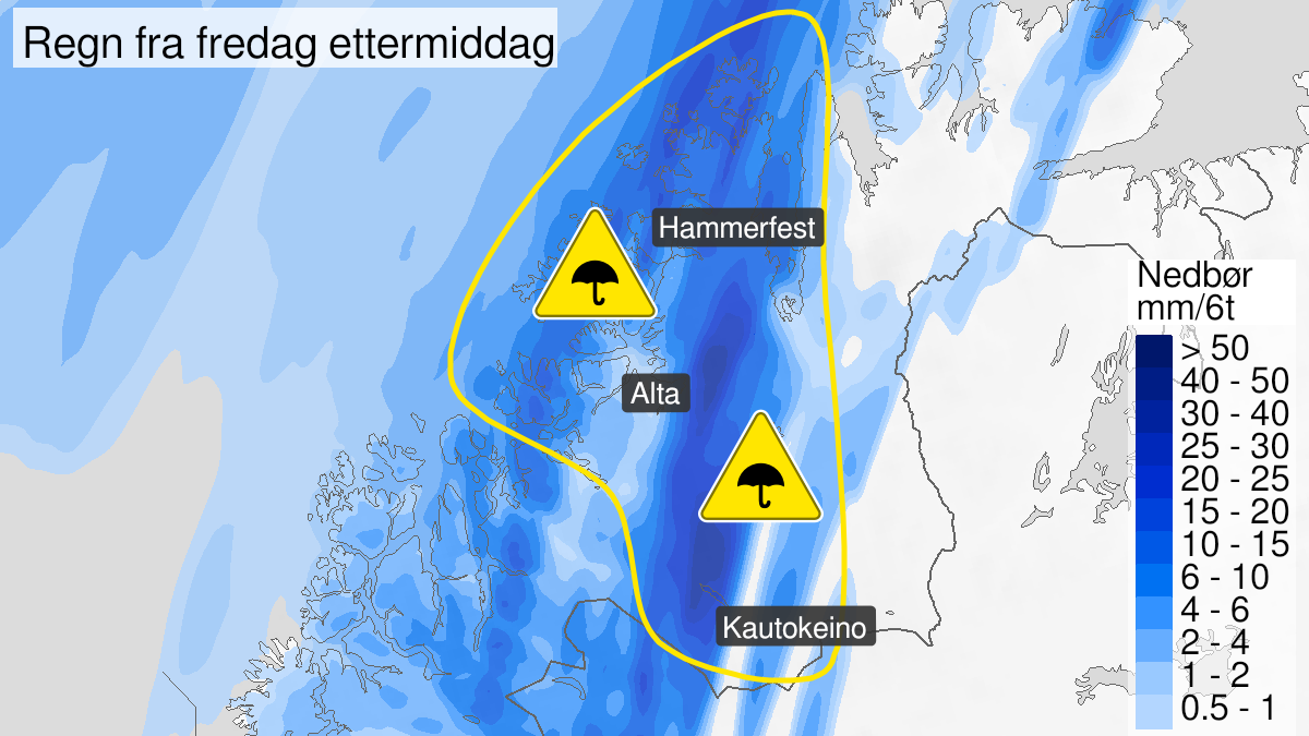 Kart over mye regn, gult nivå, Vest-Finnmark med Vidda, 11 June 17:00 UTC til 13 June 05:00 UTC.