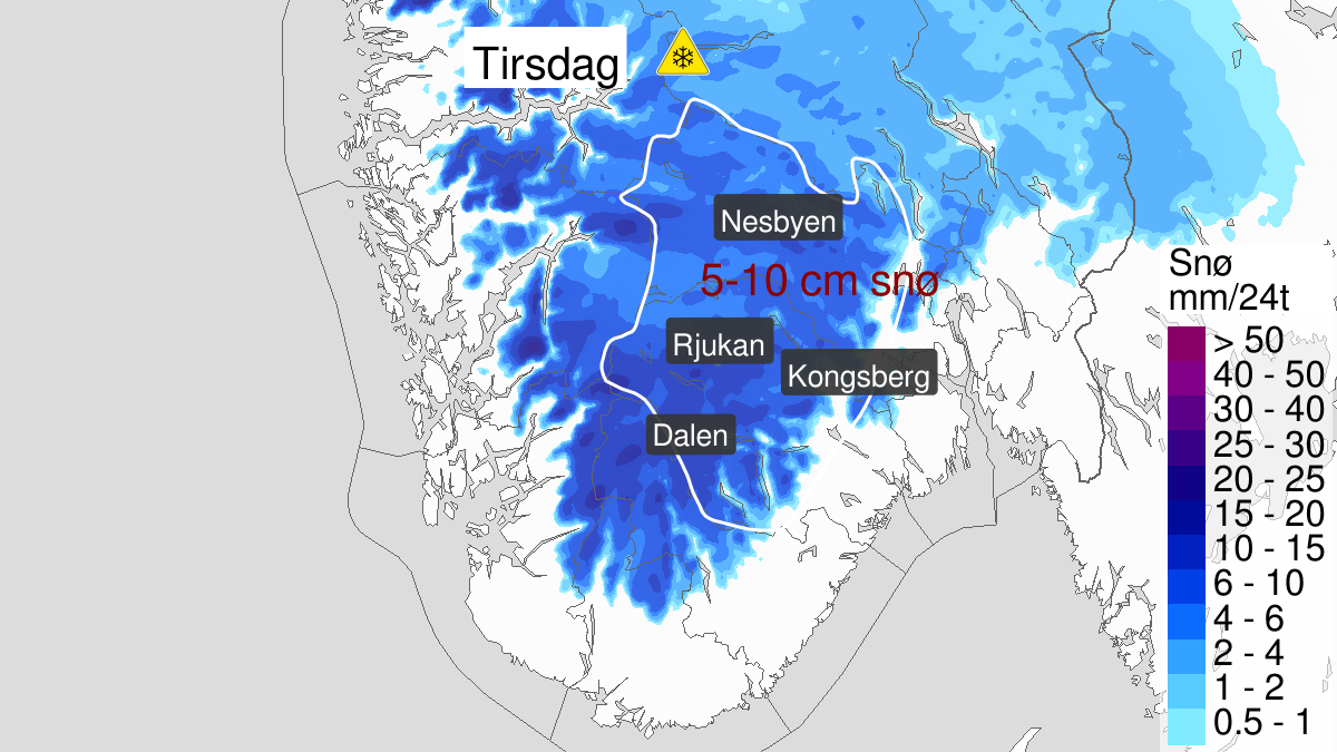 Heavy snow, yellow level, Telemark and Buskerud, 07 October 23:00 UTC to 08 October 12:00 UTC.
