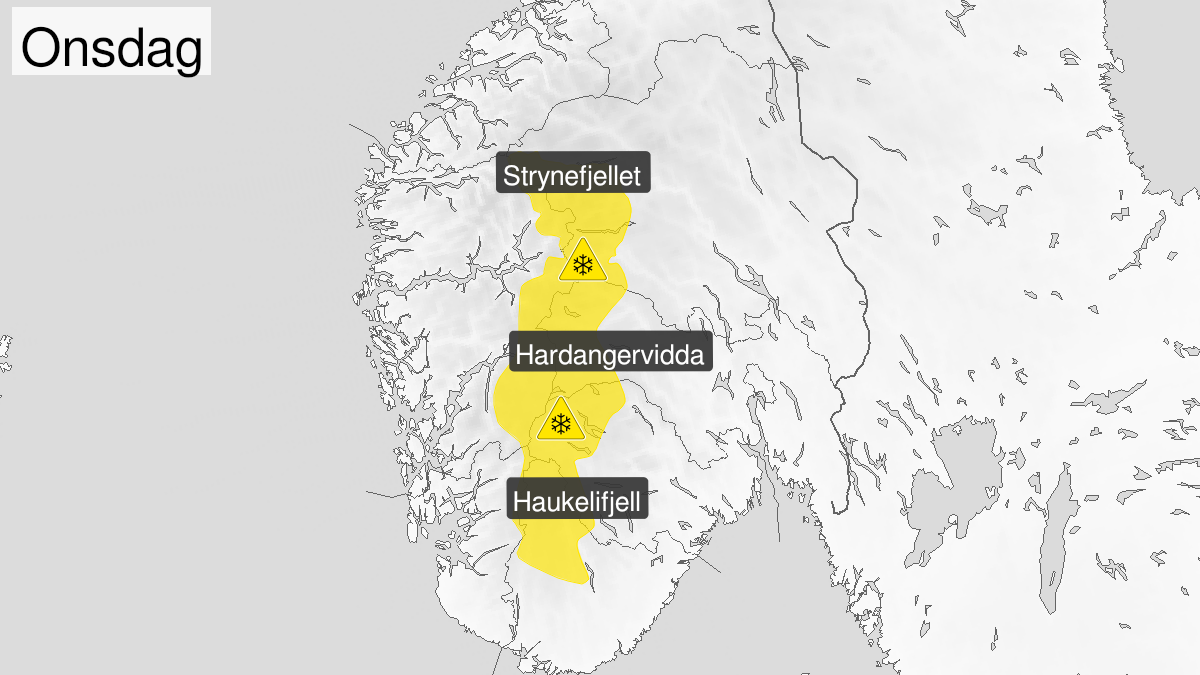 Map of blowing snow, yellow level, Jotunheimen og Langfjella, 28 October 06:00 UTC to 28 October 15:00 UTC.