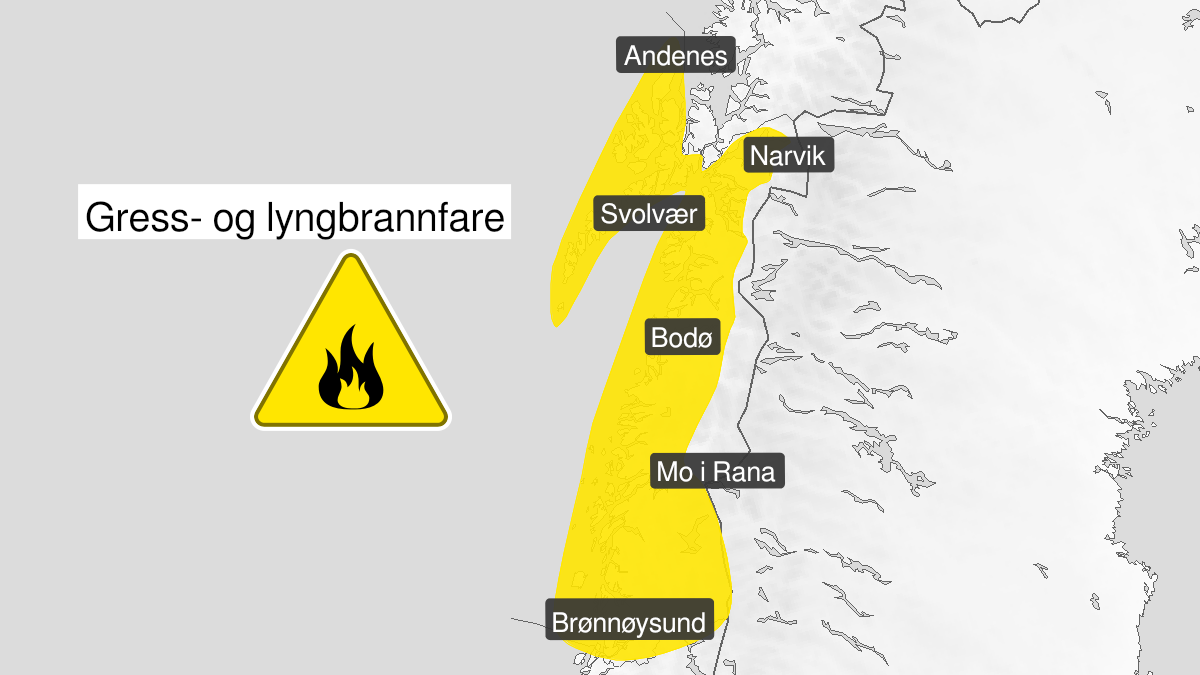 Kart over Skogbrannfare, gult nivå, Snøfrie områder i deler av Nordland, 2024-04-22T22:00:00+00:00, 2024-04-26T18:00:00+00:00