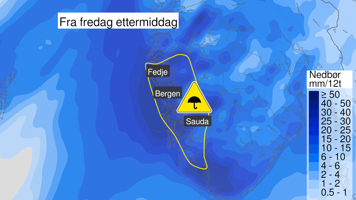 Kart over Mye regn, gult nivå, Deler av Rogaland og Hordaland, 2022-12-30T12:00:00+00:00, 2022-12-30T23:59:00+00:00