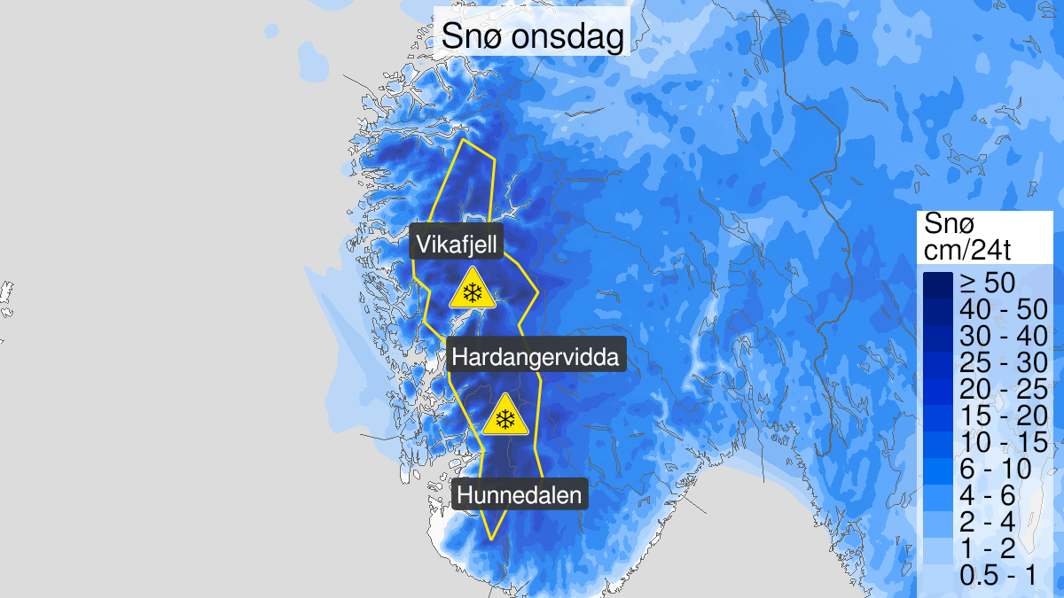 Map over Snow, yellow level, Parts of Mountains in South-Norway, 2024-01-23T21:00:00+00:00, 2024-01-24T22:00:00+00:00