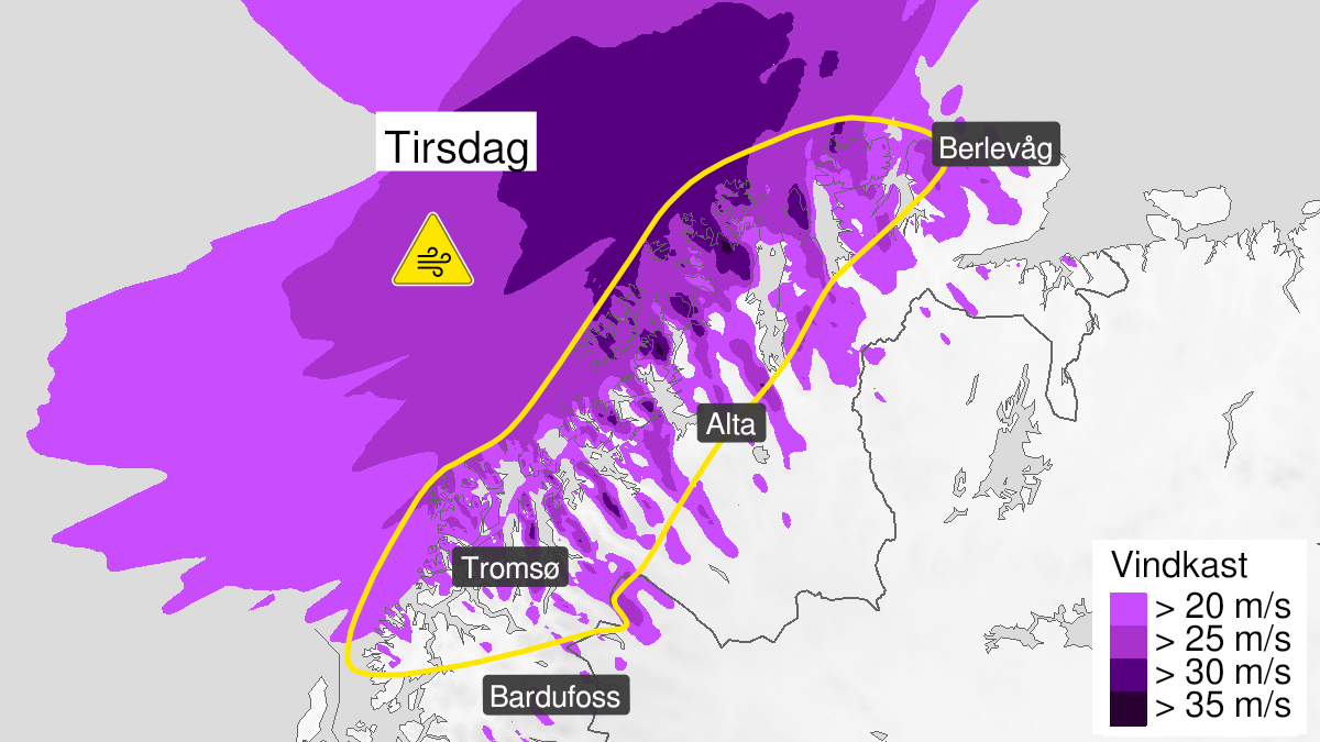 Map over Strong wind gusts, yellow level, Parts of Troms and coastal areas of Finnmark, 2022-08-23T00:00:00+00:00, 2022-08-23T16:00:00+00:00