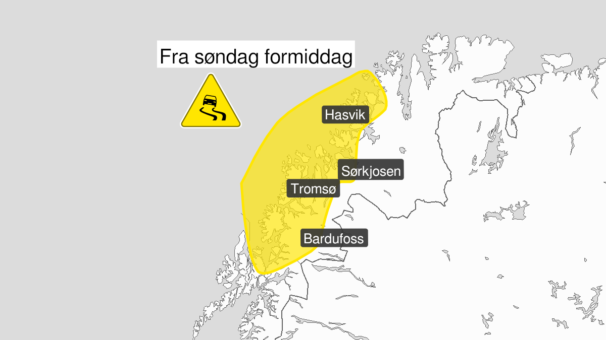 Kart over Is, gult nivå, Deler av Troms og Vest-Finnmark, 2023-12-17T09:00:00+00:00, 2023-12-17T23:00:00+00:00