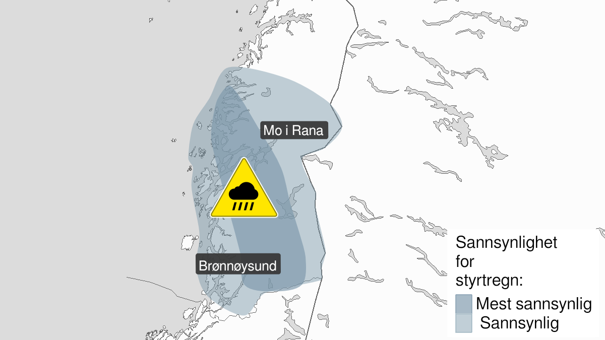 Map over Heavy rainshowers, yellow level, South part of Nordland, 2024-08-08T17:00:00+00:00, 2024-08-08T23:00:00+00:00