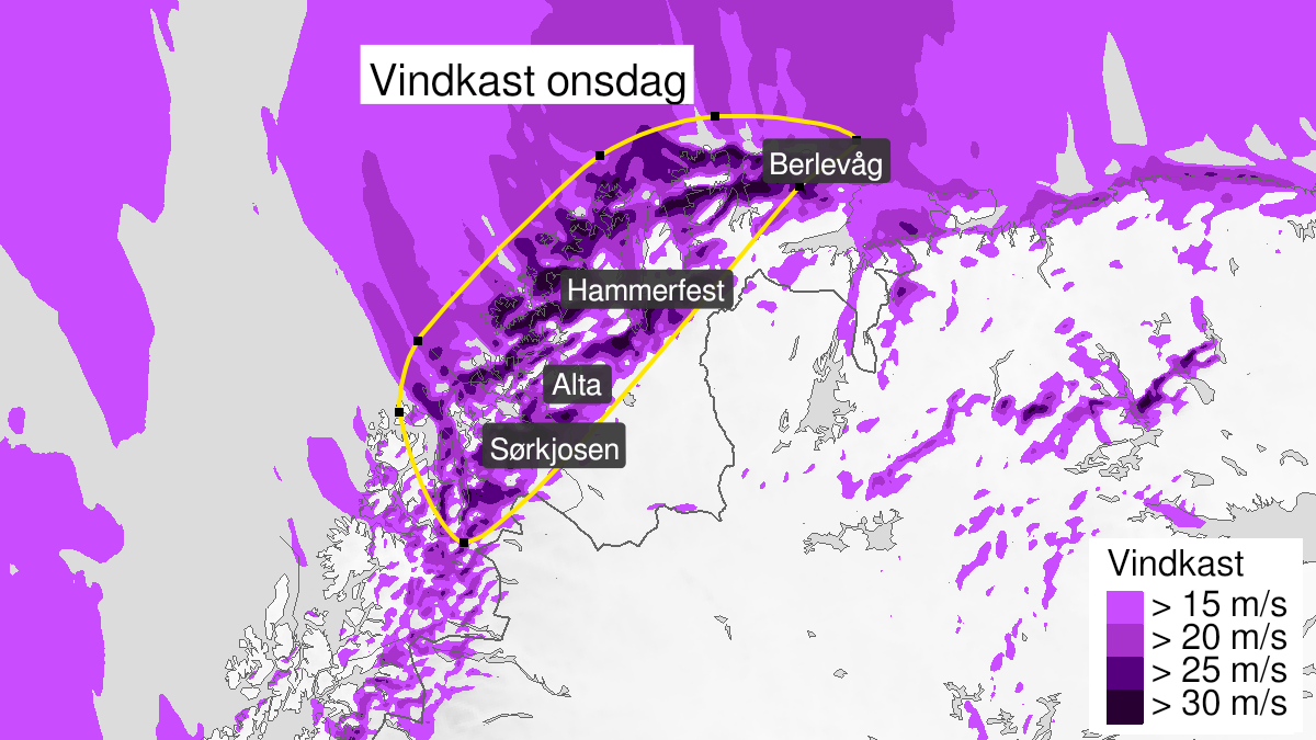 Map over Strong wind gusts, yellow level, Northern Troms and parts of Finnmark, 2024-02-14T00:00:00+00:00, 2024-02-15T06:00:00+00:00
