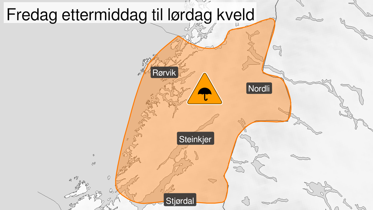 Kart over svært mye regn pågår, oransje nivå, Trøndelag, 17 December 13:00 UTC til 18 December 17:00 UTC.