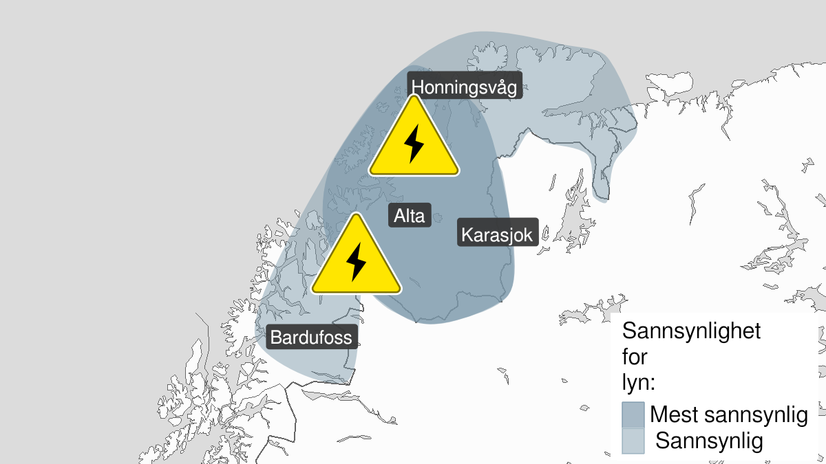 Kart over Mye lyn, gult nivå, Deler av Troms og Finnmark, 2022-07-05T12:00:00+00:00, 2022-07-05T21:00:00+00:00