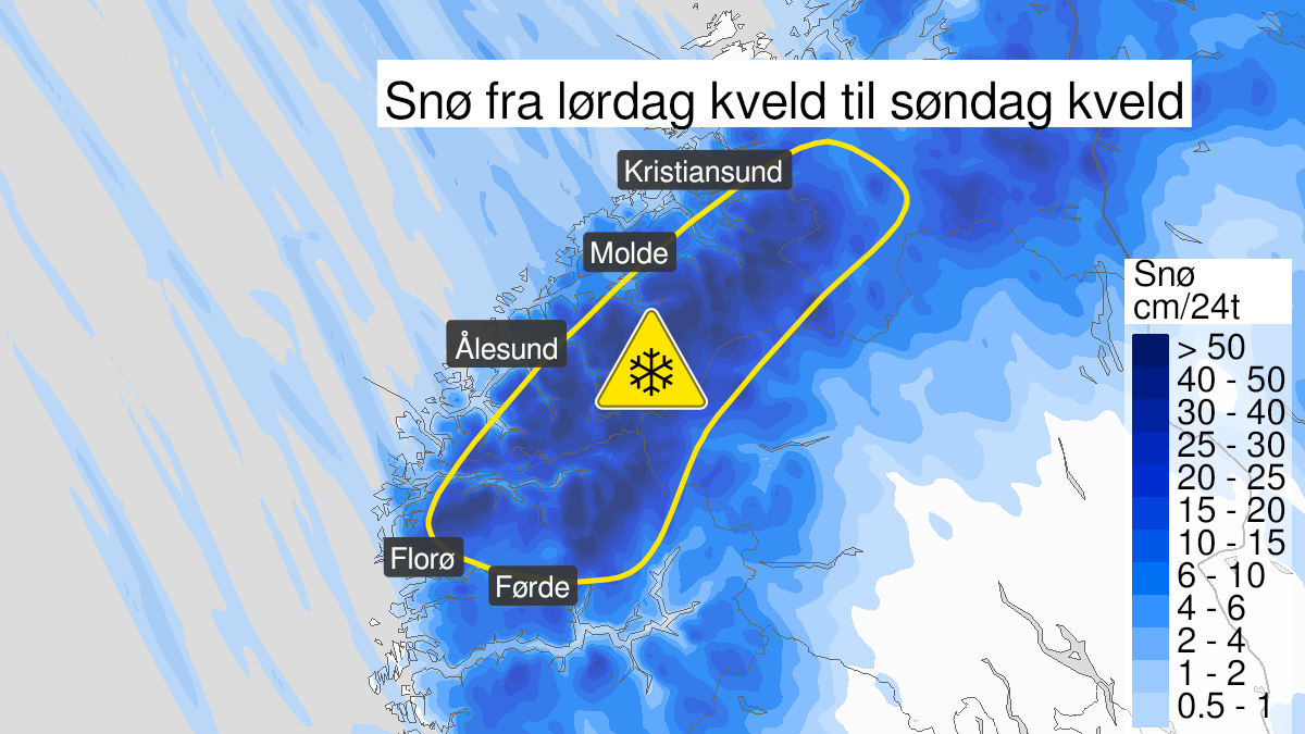 Map of snow, yellow level, Nordfjord and Moere and Romsdal, 29 January 18:00 UTC to 30 January 18:00 UTC.