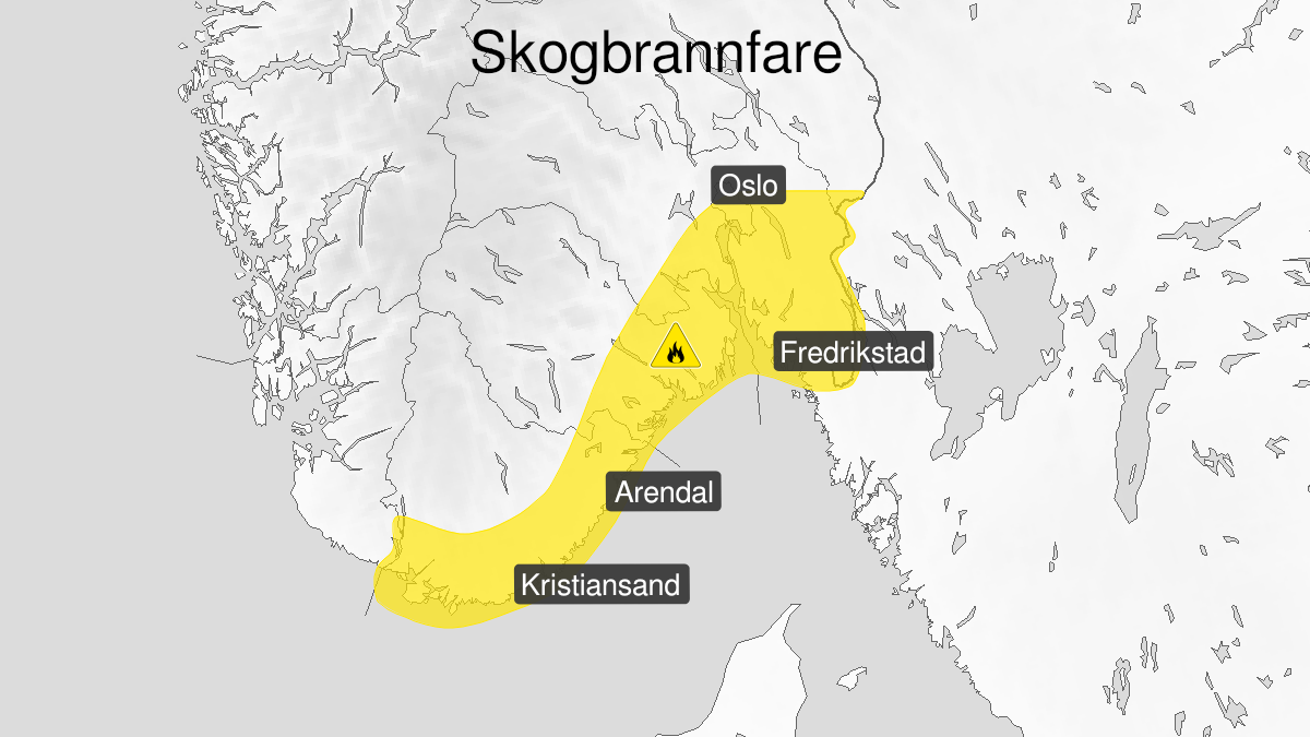 Map over Forest fire danger expected, yellow level, Parts of Østlandet and Agder, 2023-04-19T12:00:00+00:00, 2023-04-22T22:00:00+00:00