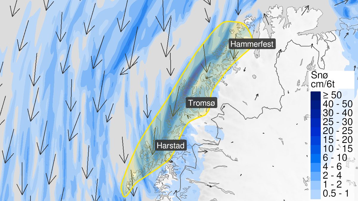 Kart over Kraftig snøfokk pågår, gult nivå, Deler av Troms, Finnmark og Nordland, 2023-03-06T06:08:00+00:00, 2023-03-06T14:00:00+00:00