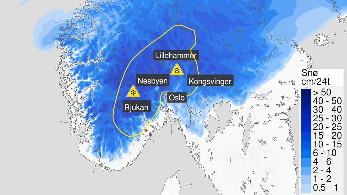 Kart over snø, gult nivå, Buskerud, Oslo, Akershus, Oppland og Hedmark og Indre strøk av Telemark, 14 February 00:00 UTC til 15 February 00:00 UTC.