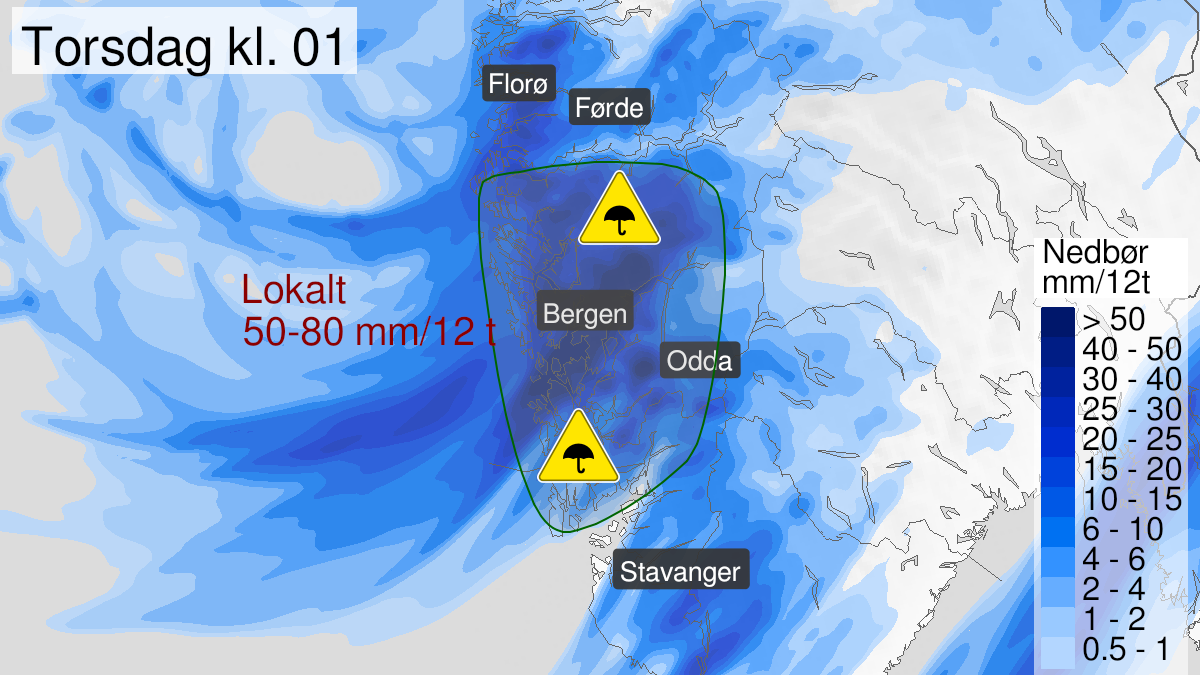 Kart over mye regn, gult nivå, Hordaland, 28 October 09:00 UTC til 29 October 02:00 UTC.