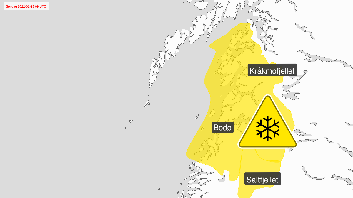 Kart over kraftig snøfokk, gult nivå, Saltfjellet, Salten, 13 February 15:00 UTC til 14 February 04:00 UTC.