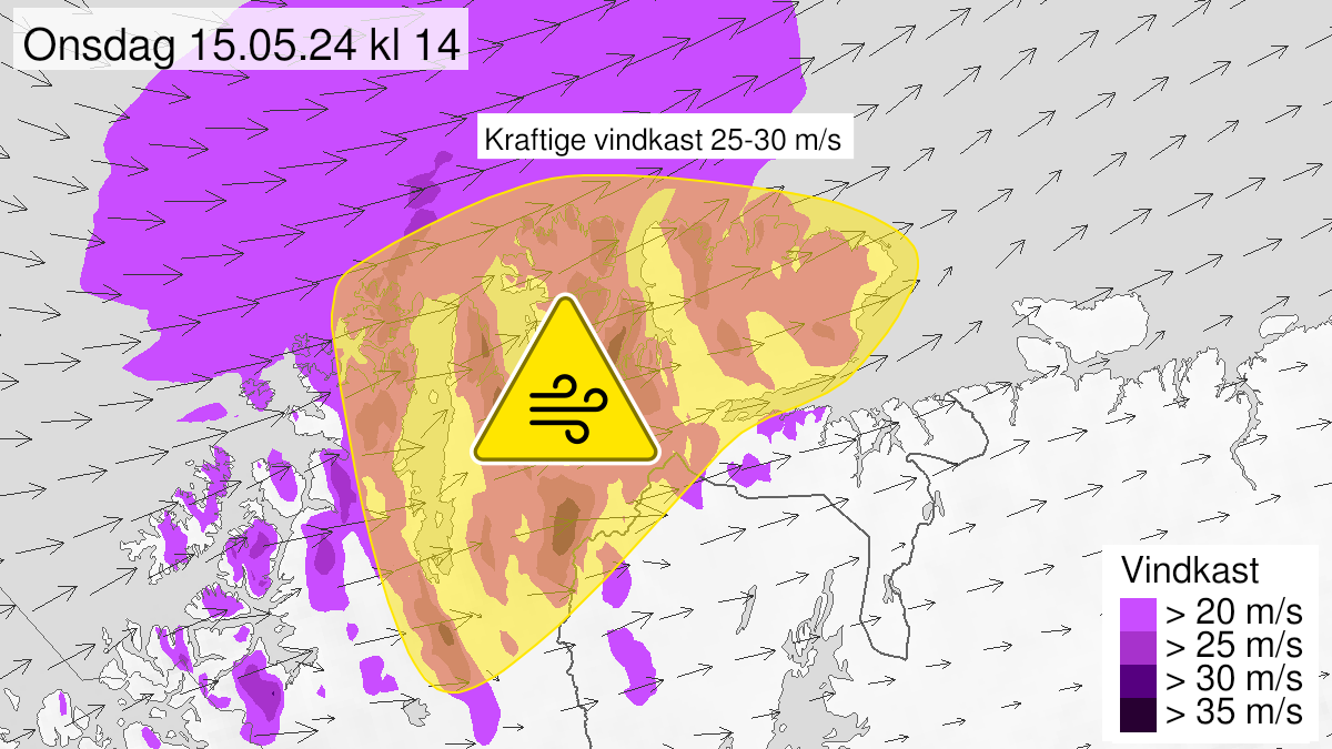 Kart over Kraftige vindkast, gult nivå, Deler av Finnmark, 2024-05-15T06:00:00+00:00, 2024-05-15T18:00:00+00:00