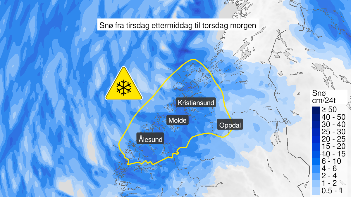 Kart over Snø, gult nivå, Møre og Romsdal og Sør-Trøndelag, 2023-03-07T12:00:00+00:00, 2023-03-08T08:00:00+00:00