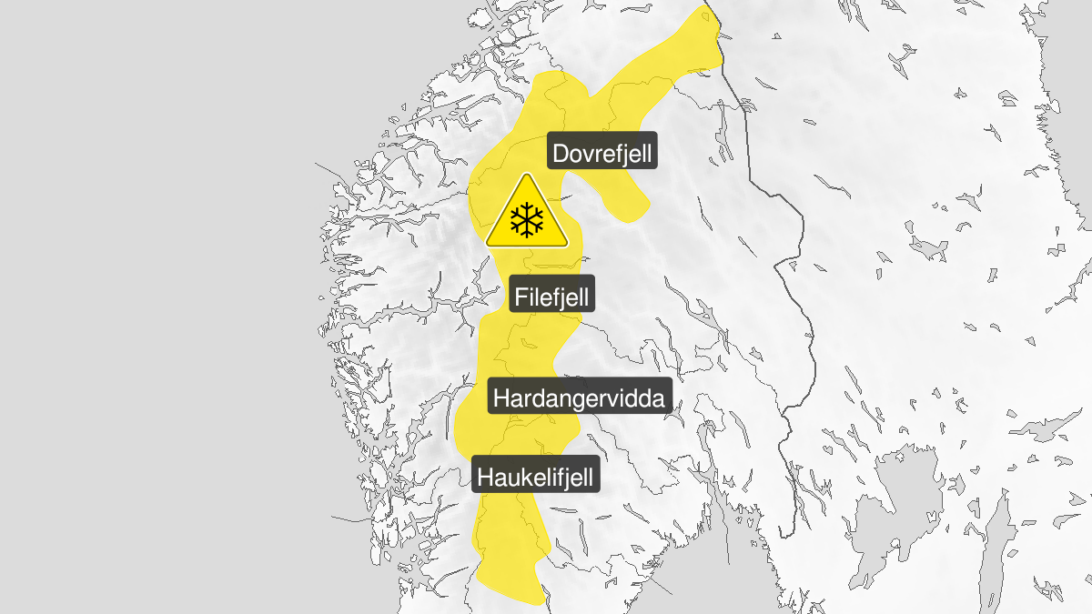 Kart over kraftig snøfokk, gult nivå, Fjellet i Sør-Norge, 24 January 05:00 UTC til 24 January 22:00 UTC.