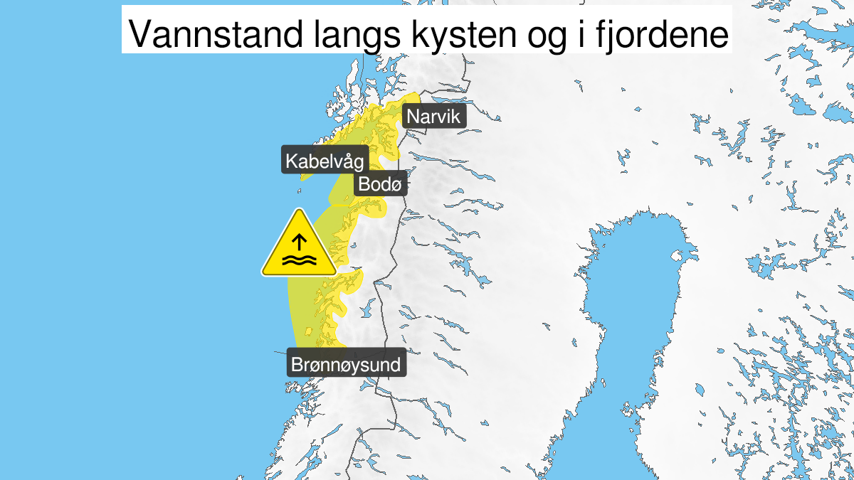 Map over Possibility of very high water level, yellow level, Vestfjorden, 2024-02-01T01:00:00+00:00, 2024-02-01T05:00:00+00:00