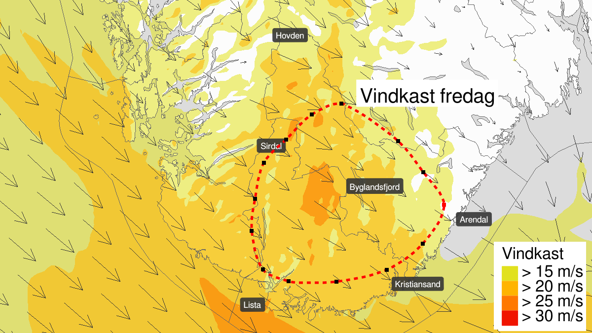 Strong wind gusts, yellow level, Agder, 08 March 07:00 UTC to 08 March 15:00 UTC.