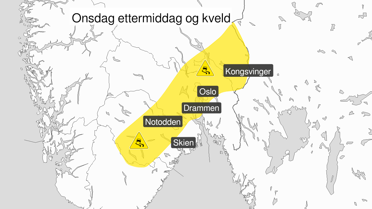 Kart over Is, gult nivå, Deler av Østlandet, 2022-12-21T13:00:00+00:00, 2022-12-21T23:00:00+00:00