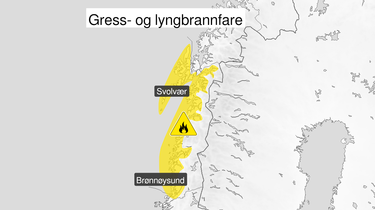 Kart over Skogbrannfare, gult nivå, Snøfrie områder i ytre strøk av Nordland, 2024-04-21T10:00:00+00:00, 2024-04-22T22:00:00+00:00