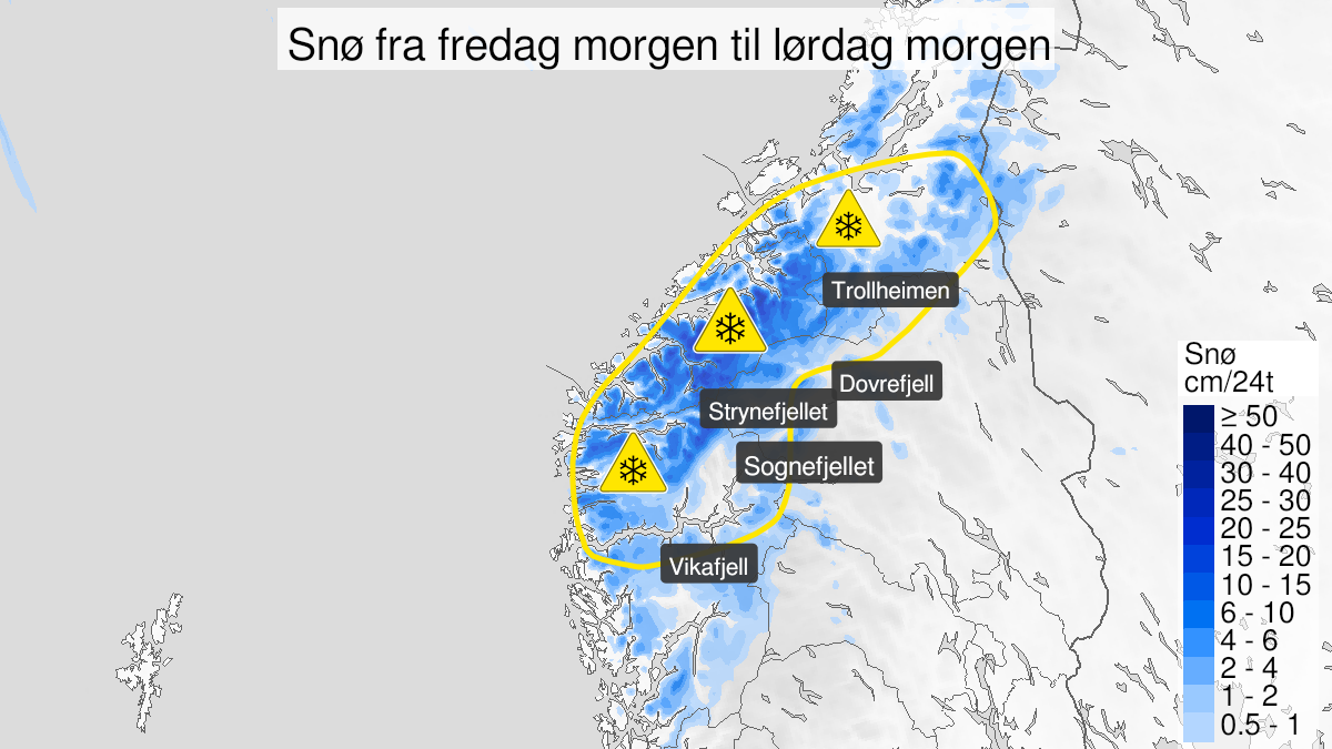 Kart over Snø, gult nivå, Nordlige deler av fjellet i Sør-Norge, 2024-09-26T22:00:00+00:00, 2024-09-28T10:00:00+00:00