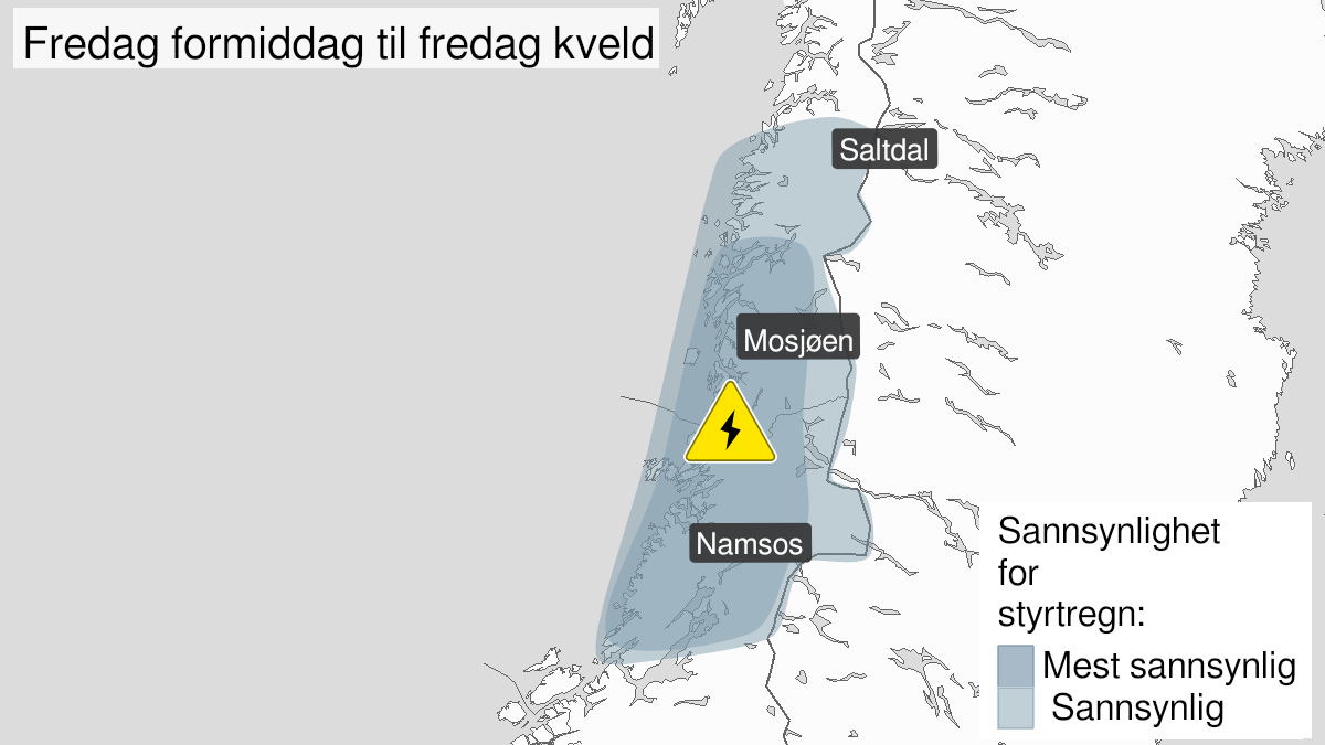 Map over Frequent lightning, yellow level, Trøndelag north of Trondheimsfjorden and southern parts of Nordland, 2024-06-28T11:00:00+00:00, 2024-06-28T19:00:00+00:00