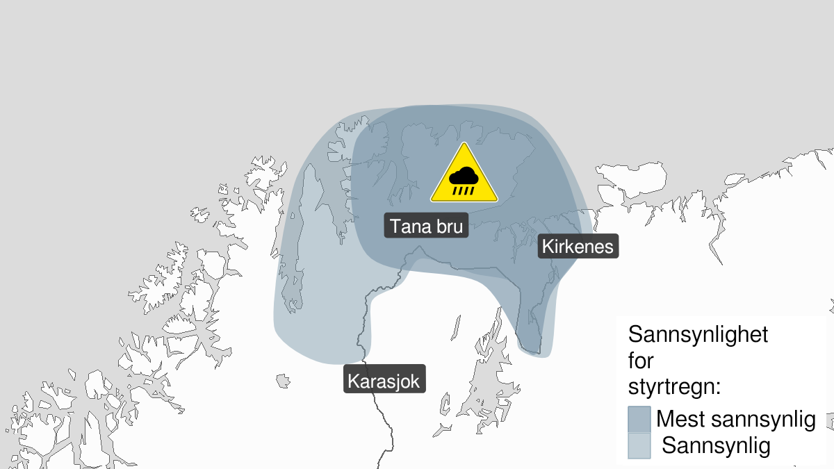 Kart over Styrtregn, gult nivå, Øst-Finnmark, 2022-07-13T19:00:00+00:00, 2022-07-14T00:00:00+00:00