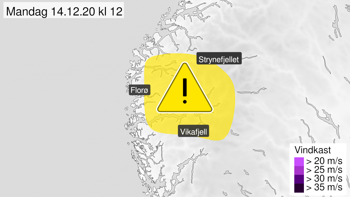 Map of blowing snow, yellow level, Sogn og Fjordane, 14 December 10:00 UTC to 14 December 22:00 UTC.