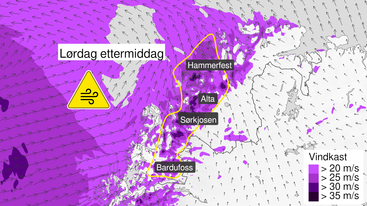 Kart over Kraftige vindkast pågår, gult nivå, Deler av Troms og Vest-Finnmark, 2023-12-16T10:00:00+00:00, 2023-12-16T17:00:00+00:00