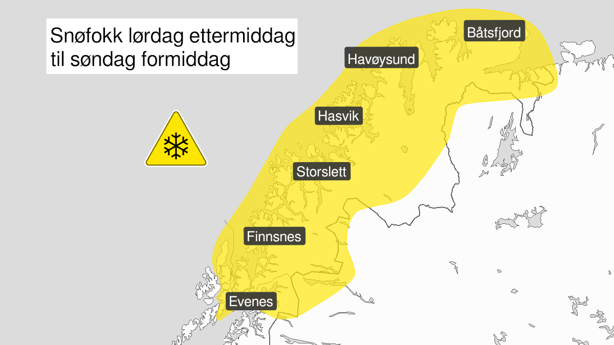 Kart over Kraftig snøfokk, gult nivå, Deler av Nordland, Troms og Finnmark, 2022-10-29T10:00:00+00:00, 2022-10-30T11:00:00+00:00