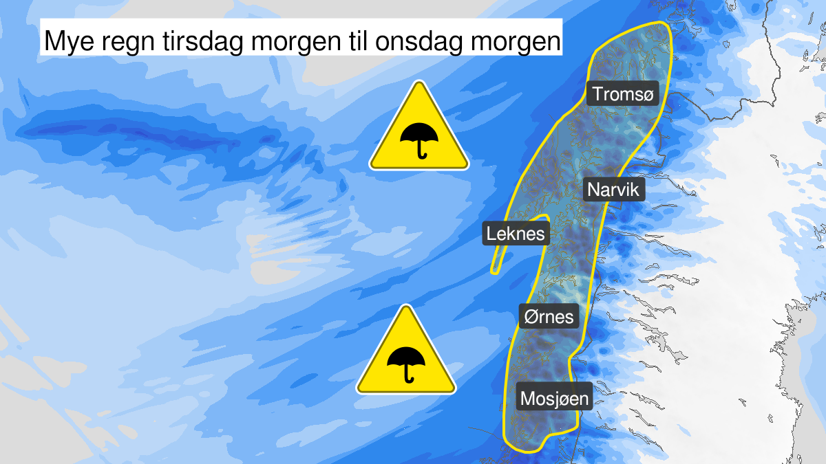 Map of heavy rain, yellow level, Nordland and Troms, 18 January 06:00 UTC to 19 January 12:00 UTC.