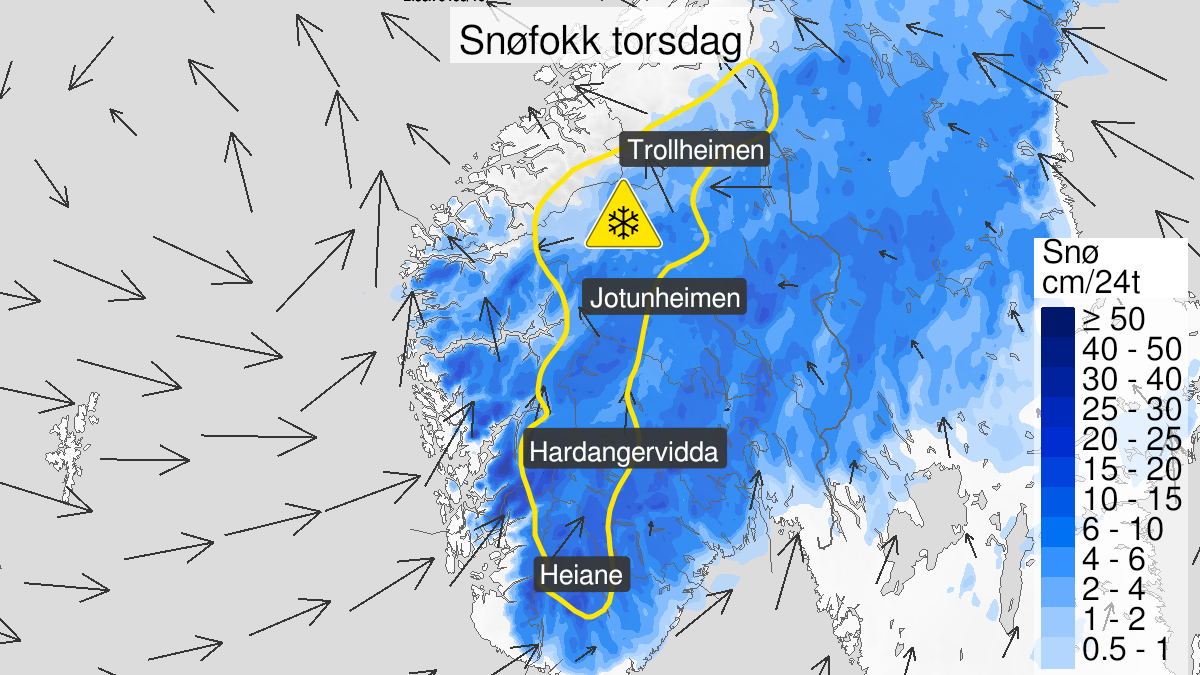 Map over Blowing snow, yellow level, Mountains in Southern Norway, 2022-12-28T22:00:00+00:00, 2022-12-30T00:00:00+00:00