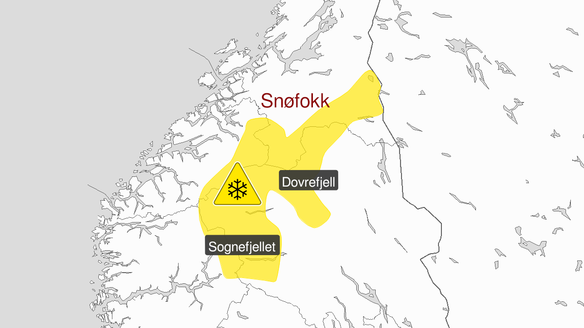 Kart over kraftig snøfokk, gult nivå, Rondane og Fjellet i Sør-Norge unntatt Langfjella, 08 April 21:00 UTC til 11 April 10:00 UTC.