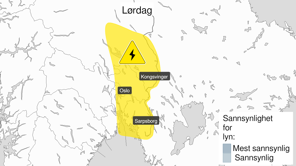 Map over Frequent lightning, yellow level, Eastern parts of Østlandet, 2024-06-01T16:00:00+00:00, 2024-06-01T20:00:00+00:00