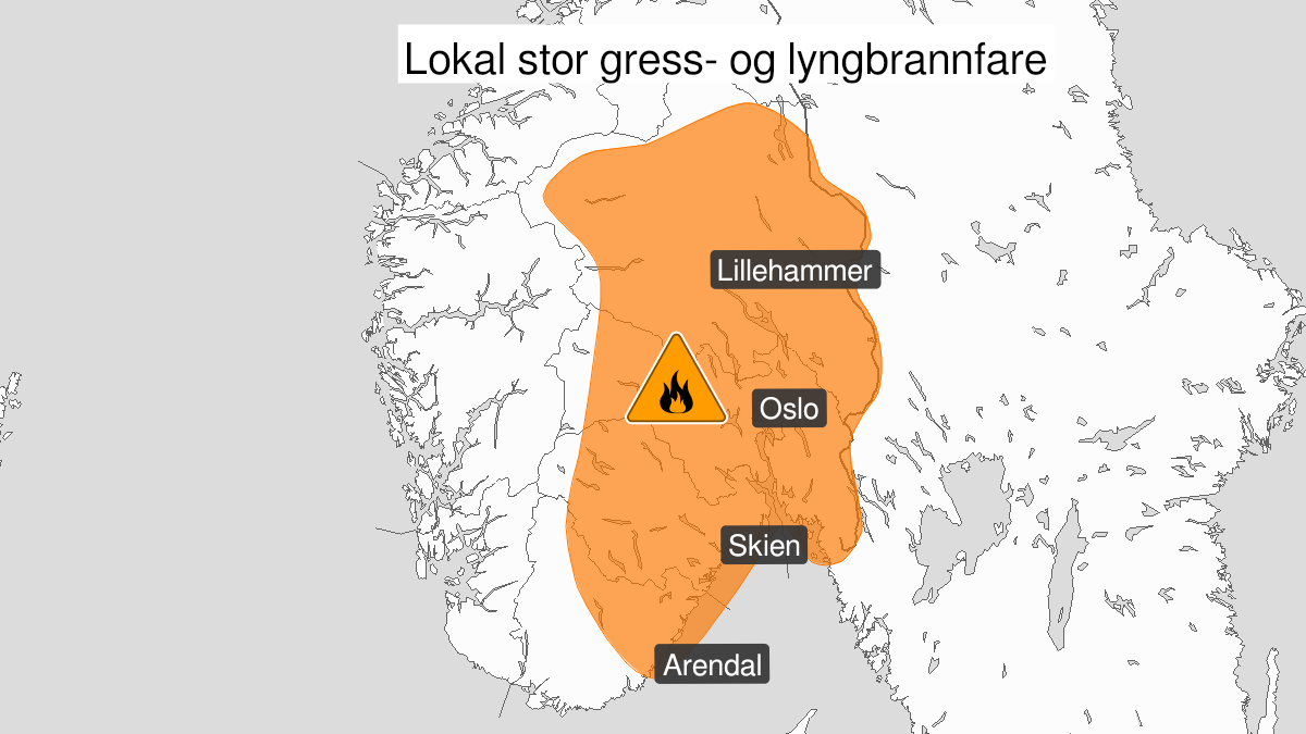 Map of high forest fire danger expected, orange level, Innlandet, Viken, Oslo, Vestfold and Telemark and eastern parts of Agder, 13 May 22:00 UTC to 18 May 21:00 UTC.