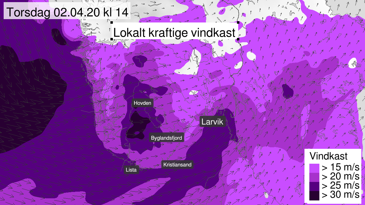 Map of strong wind gusts, yellow level, Agder, 02 April 09:00 UTC to 02 April 18:00 UTC.
