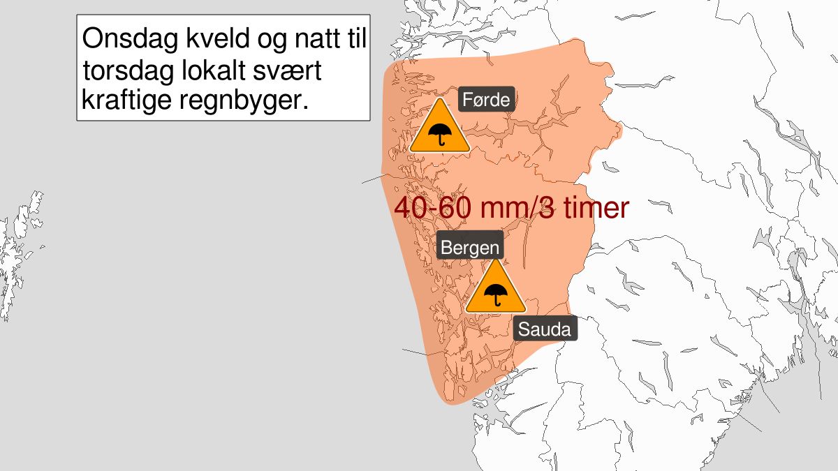 Very heavy rainshowers, orange level, Nord-Rogaland, Hordaland, Sogn and Sunnfjord, 28 August 15:00 UTC to 29 August 05:00 UTC.