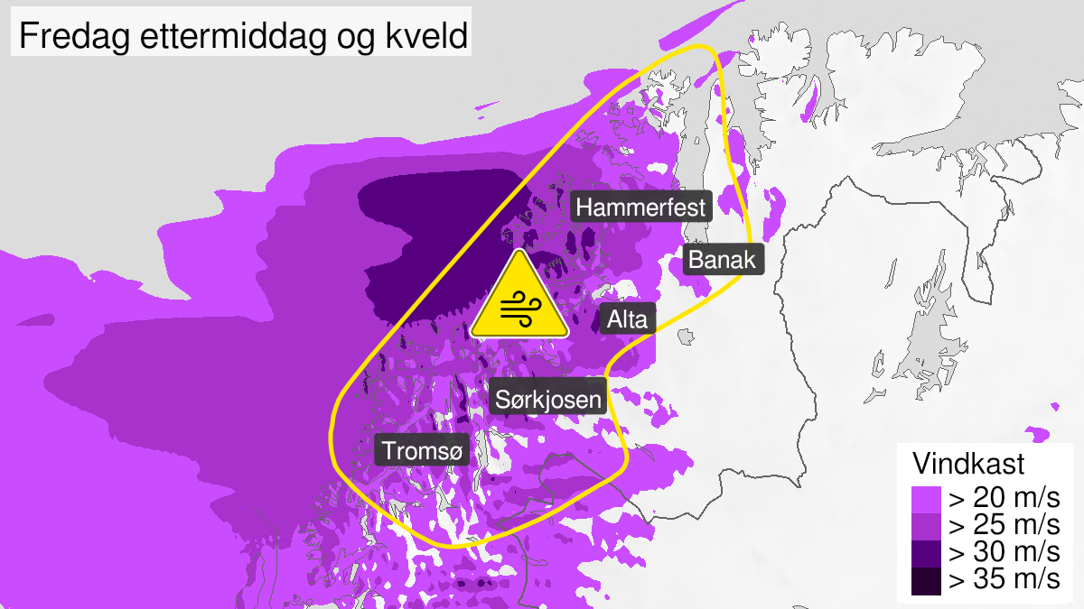 Map of strong wind gusts, yellow level, Nord-Troms and Kyst- and fjordstroekene i Vest-Finnmark, 06 November 13:00 UTC to 06 November 22:00 UTC.