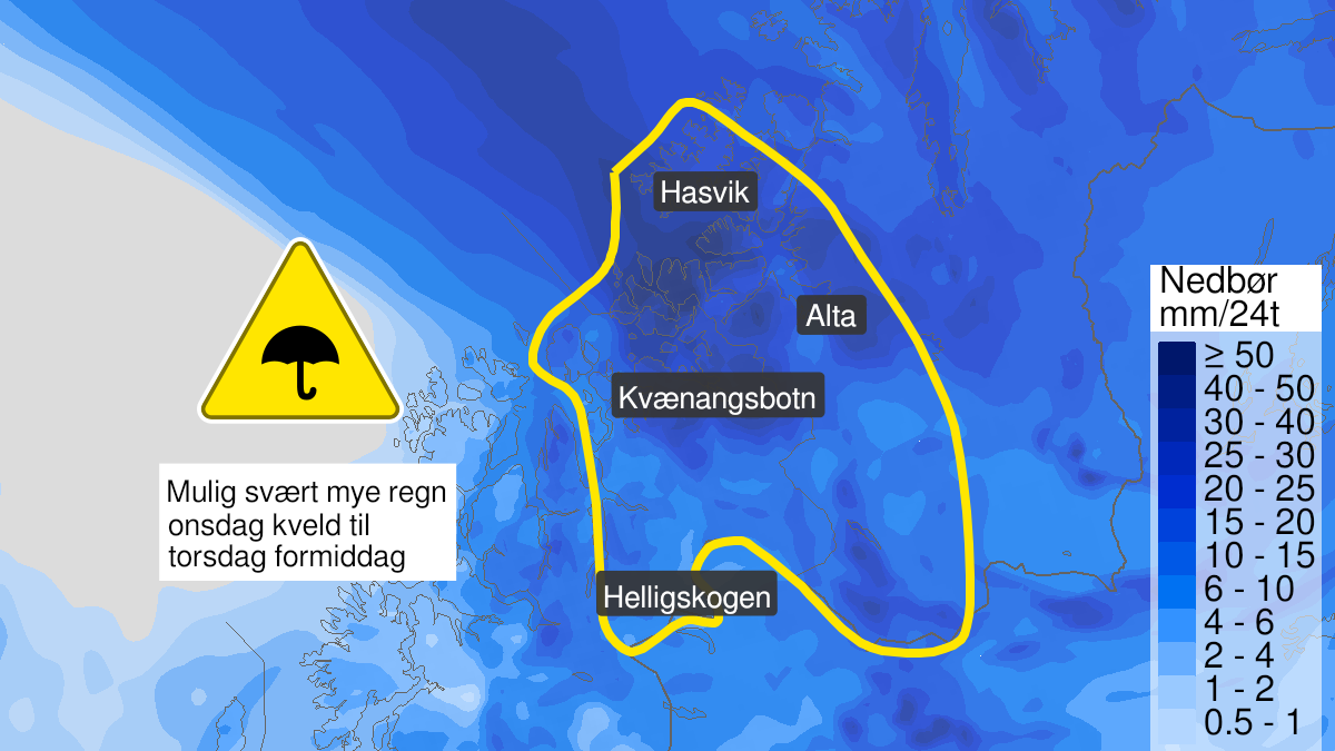 Map over Possibility of very heavy rain, yellow level, West Finnmark and eastern parts of Troms, 2024-06-19T10:00:00+00:00, 2024-06-20T10:00:00+00:00